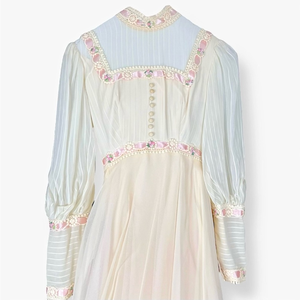 Vintage Victorian High Neck Dress Wedding 4 Off White Cream Pink Bishop Sleeve - Picture 3 of 12